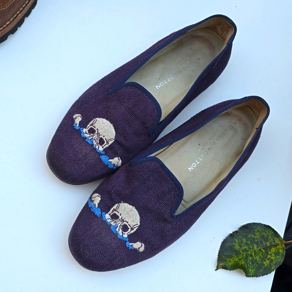 ☠️ STUBBS & WOOTTON Needlepoint Linen Skull x Bones Loafer Slippers Mens: 8.5 - Picture 1 of 6
